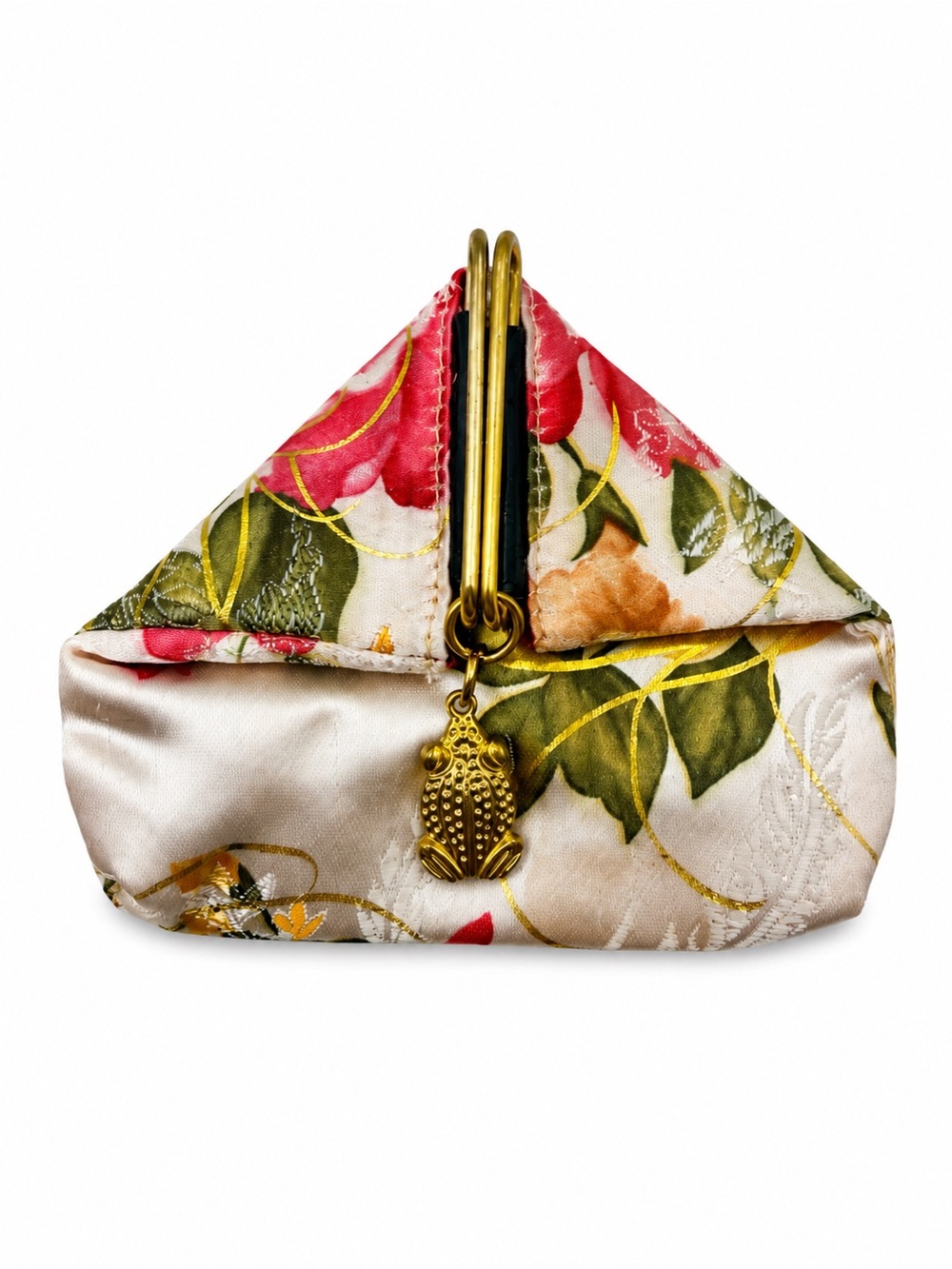 Vintage Floral Satin Coin Purse with Gold Frog Charm